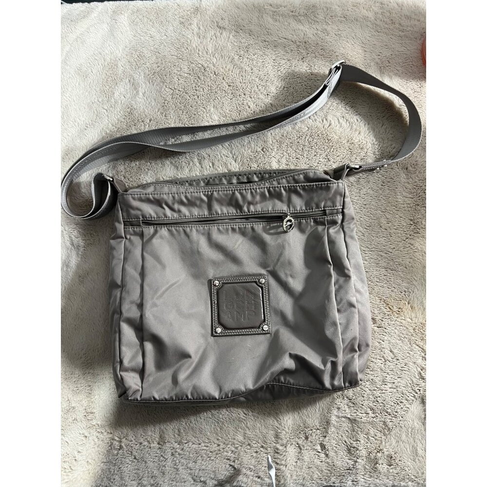 Longchamp Gray Nylon Crossbody Bag With Adjustable Strap & Zipper Closure